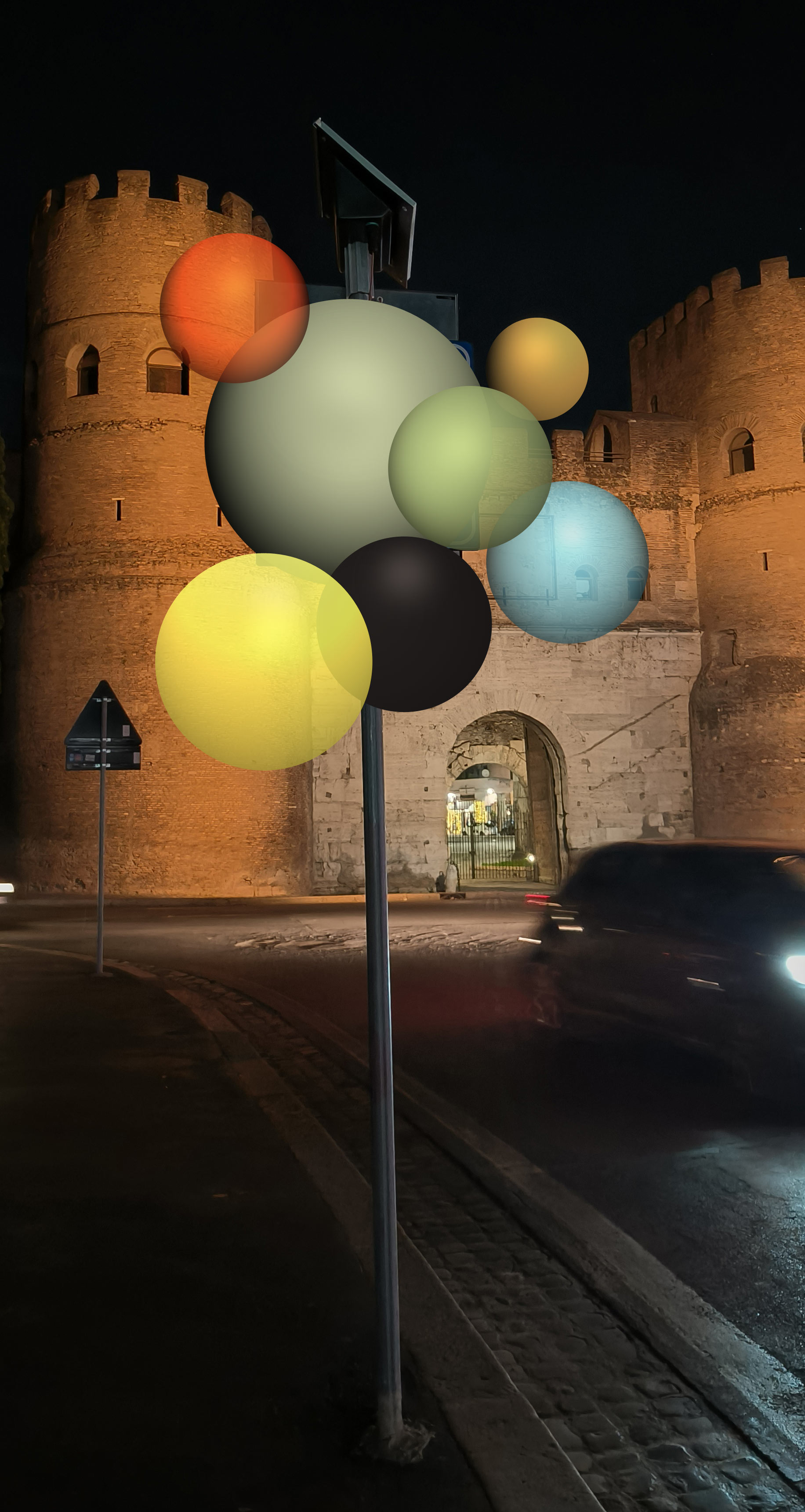 Scultura in realtà aumentata ORB che appare sopra un cartello pedonale a Roma, Italia