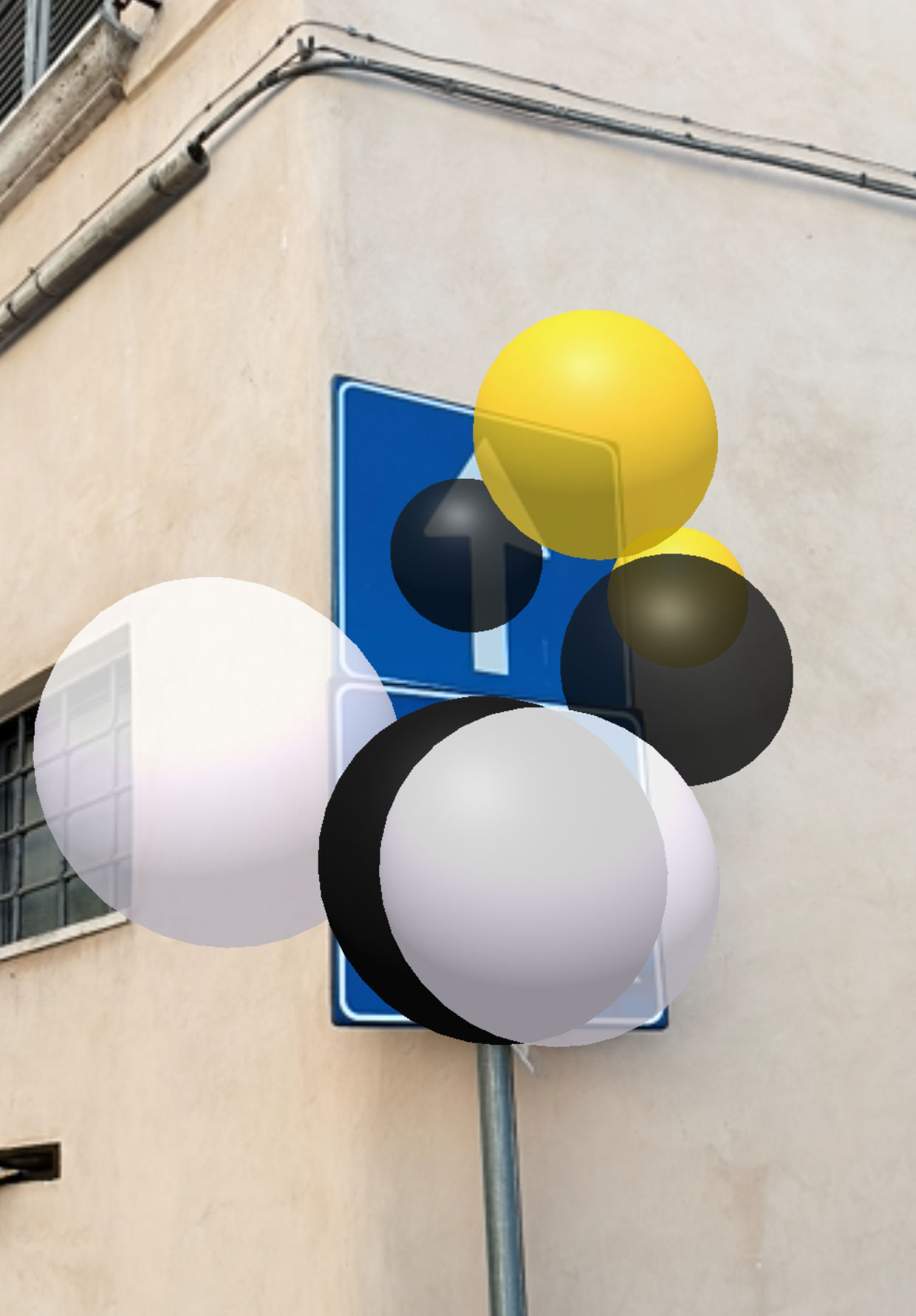 ORB scultura AR che fluttua sopra un cartello pedonale a Spoleto, Italia