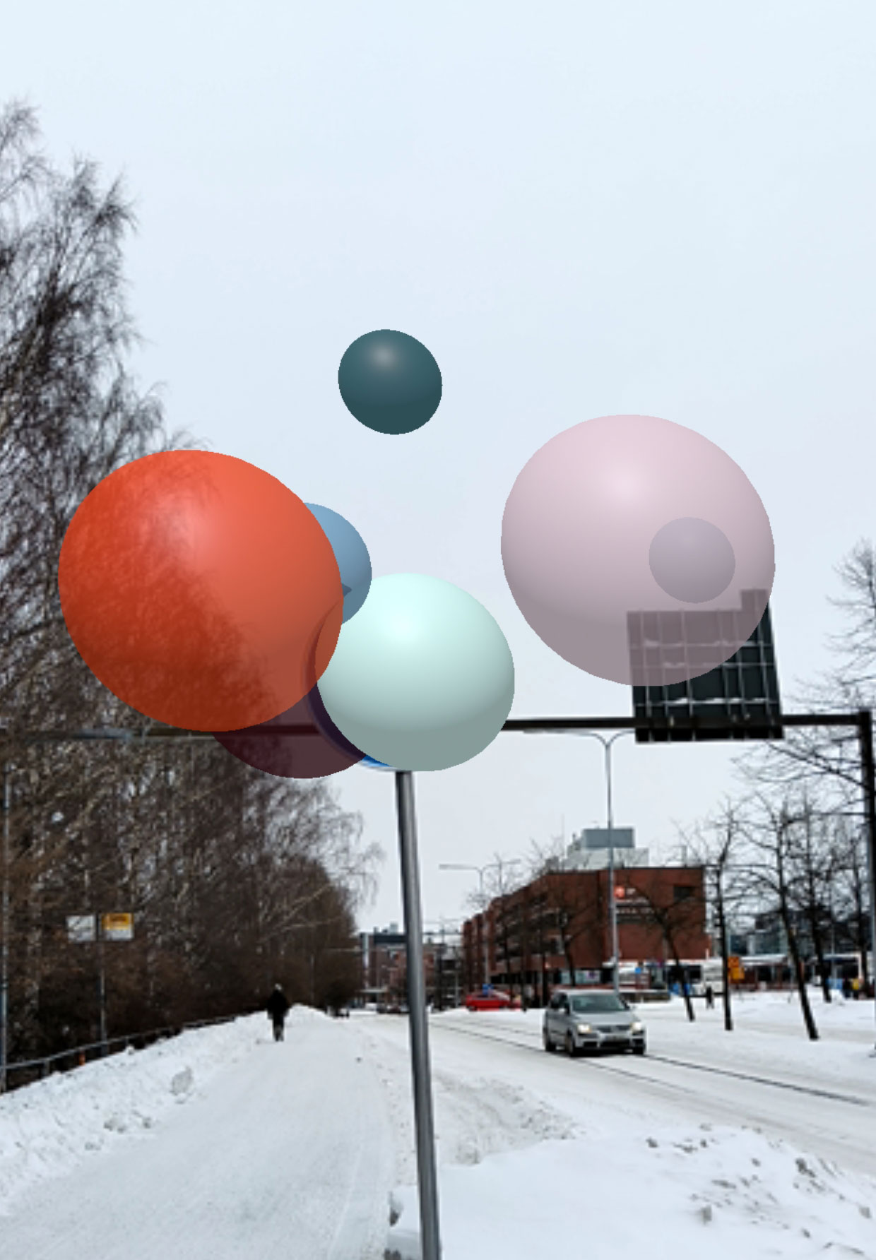 ORB AR-veistos kelluu Myllypuron liikennemerkin päällä, Helsinki 2023